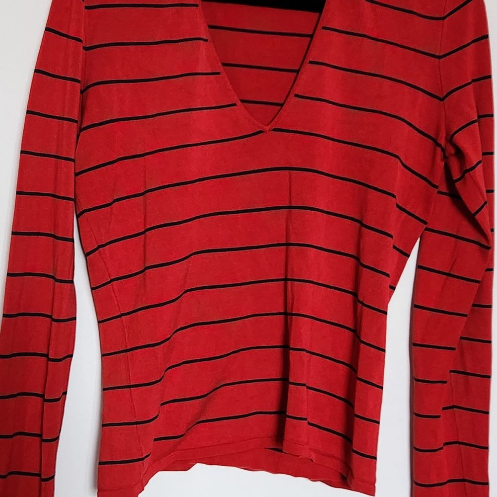 Ralph Lauren Red Navy Striped V Neck Sweater
